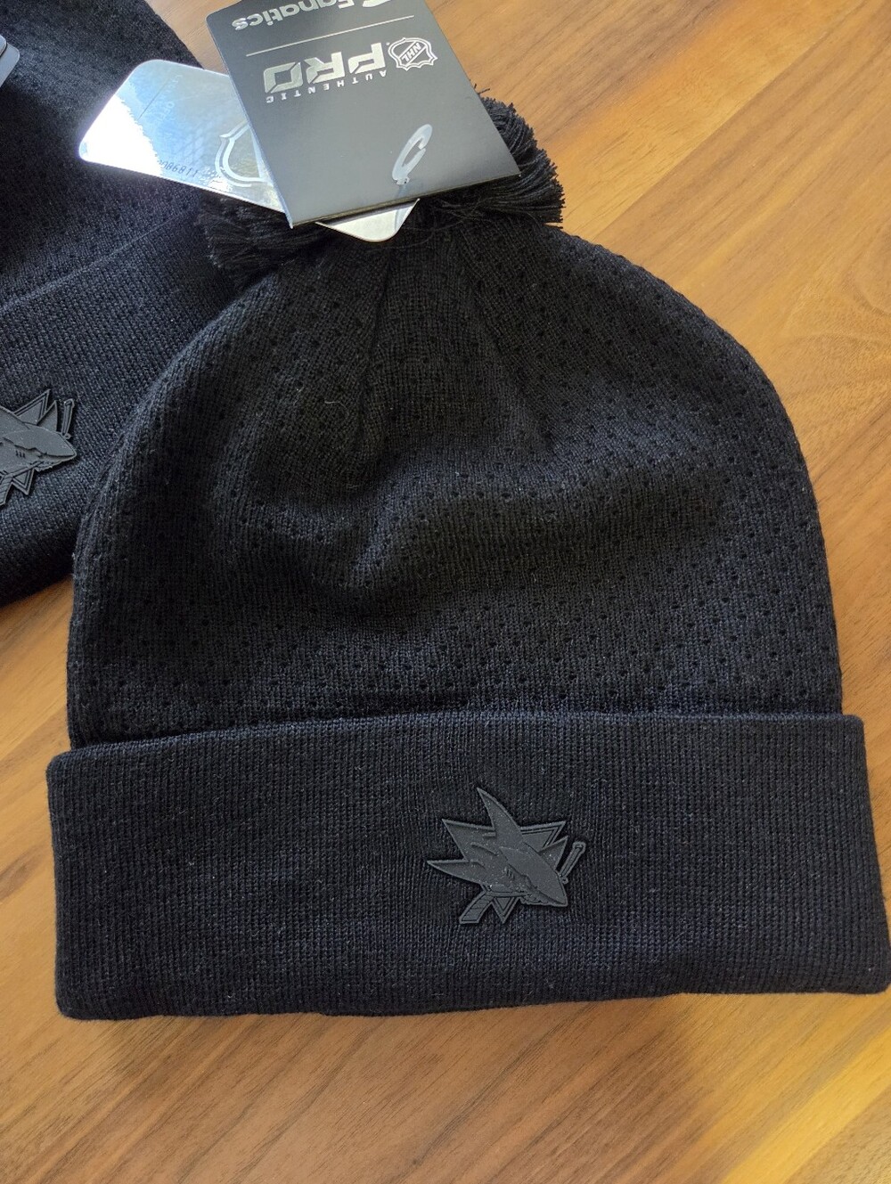 NWT San Jose Sharks Fanatics Authentic Pro Road Blackout Cuffed Pom Beanie Hat